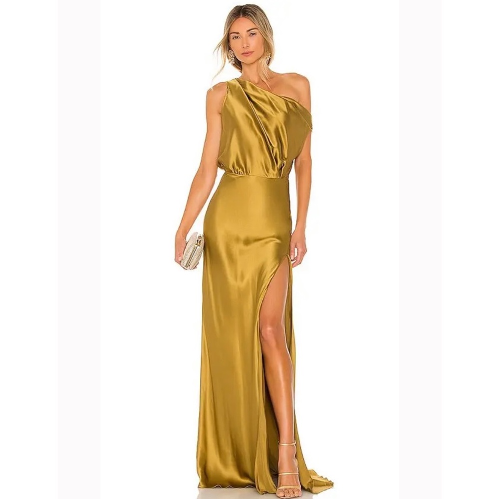 The Sei X Revolve Asymmetric Cowl Gown In Metallic Gold.